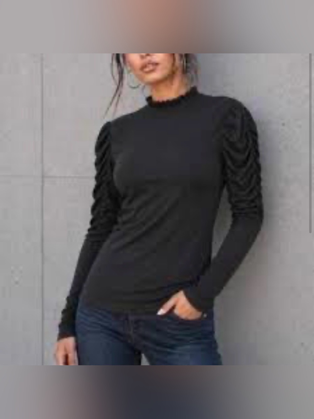 Anthropologie Maeve ruched sleeve mock neck cotton blend tshirt black size XS